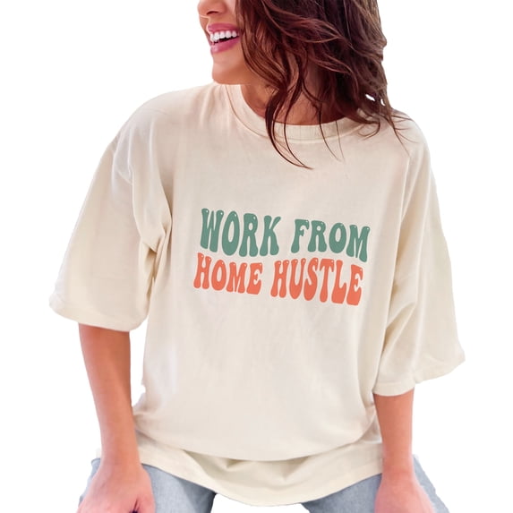 Work From Home Hustle, Remote Worker Themed, Groovy Retro Wavy Text, Ivory Comfort Colors T-Shirt, Medium