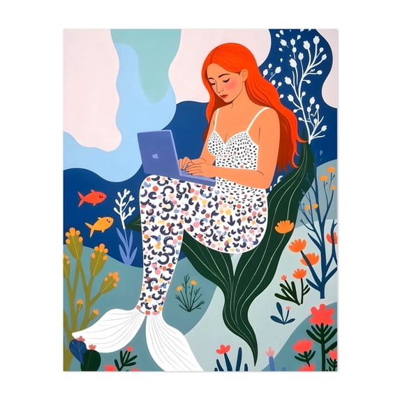 Work From Home - India Illustration Whimsical Modern Art Floral Fantasy Pop Art Unframed Wall Art Print 11 x 14 inches