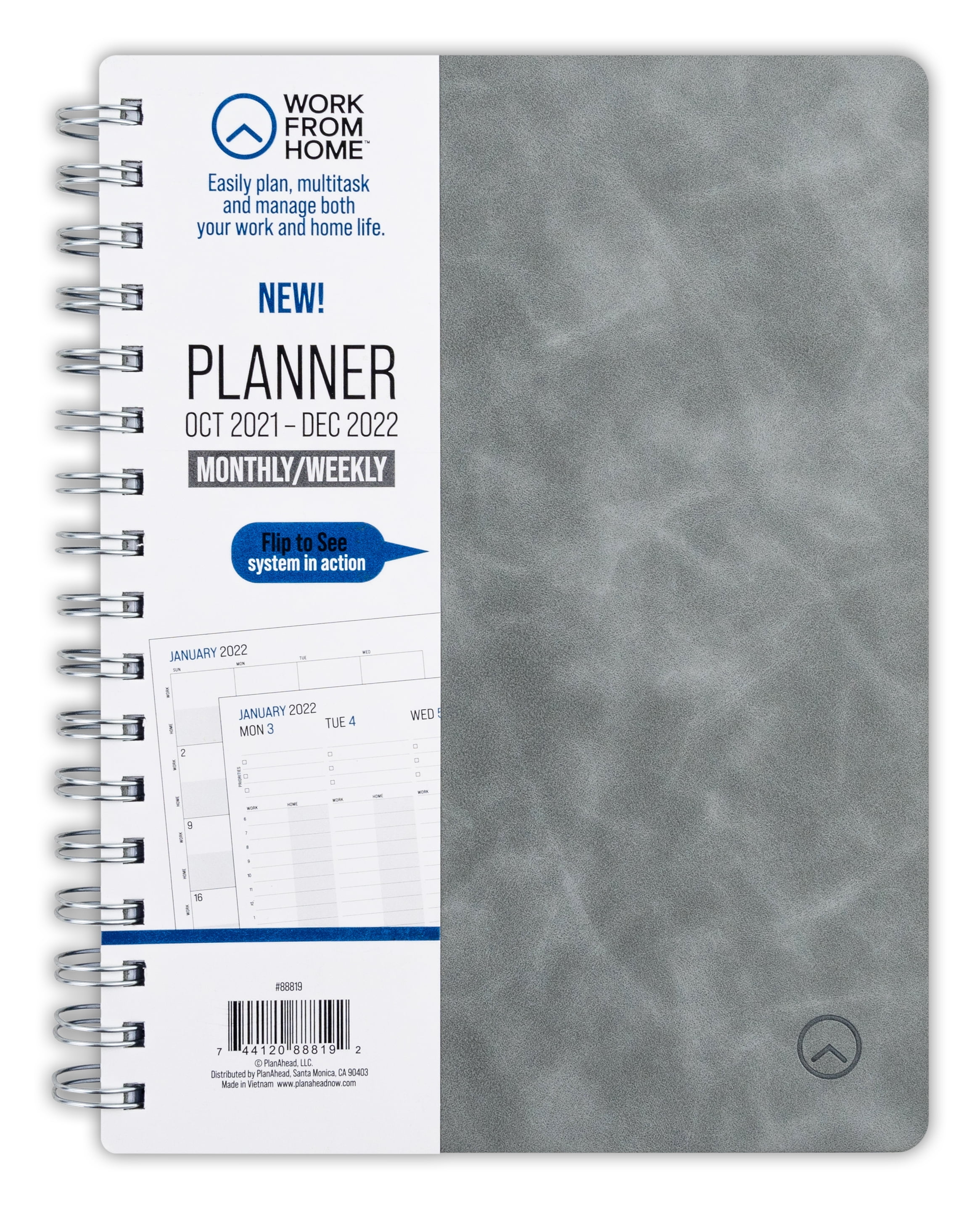 Work From Home Weekly And Monthly Planner, October 2021 - December 2022, 9" x 7.25", Gray Faux-Suede