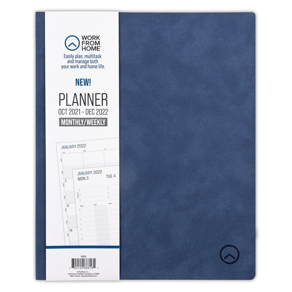Work From Home Weekly and Monthly Planner, October 2021 - December 2022 , 9"x11", Blue Faux-Suede