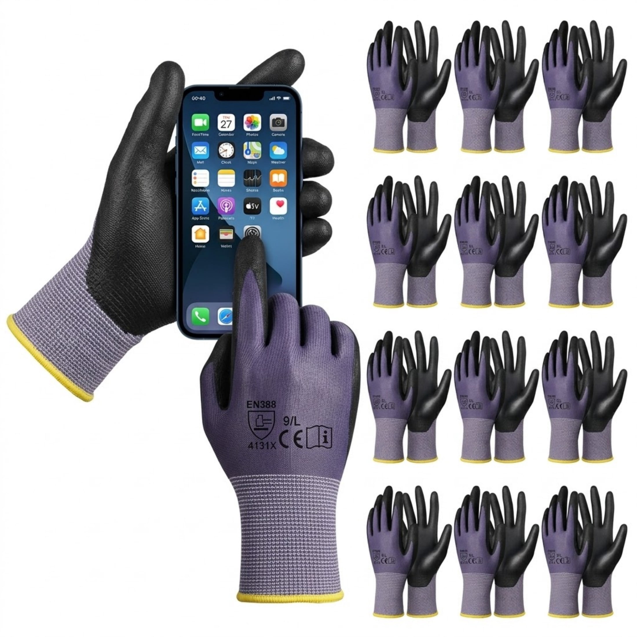Work Gloves 12 Pairs Touch Screen Nitrile-Coated Garden Construction Gloves