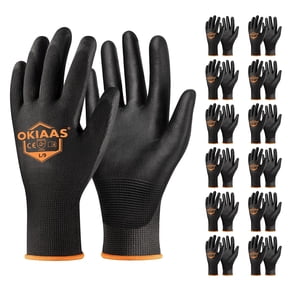OKIAAS Work Gloves For Men 12 Pairs Black Large Ultra Thin Lightweight Polyurethane Coated Grip for Construction Warehouse Gardening