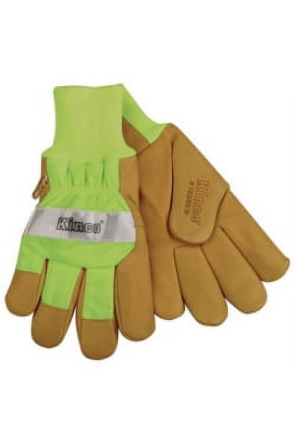 Work Gloves, Grain Pigskin Palm, Hi-Vis Green Back and Cuff, Heatkeep Insulated Lining, Medium