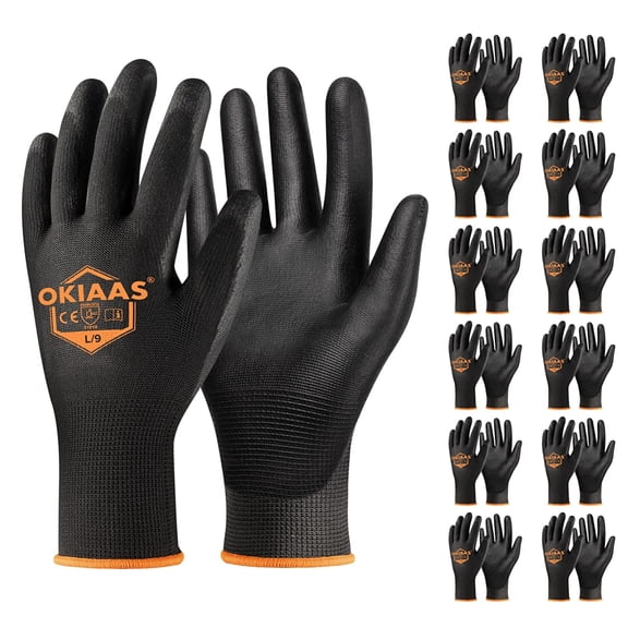 Work Gloves for Men,Ultra Thin and Lightweight Working Gloves with Grip,12 Pairs Bulk Pack Construction Gloves with Polyurethane Coating,Safety Gloves for Light Duty Work (Black, Large)