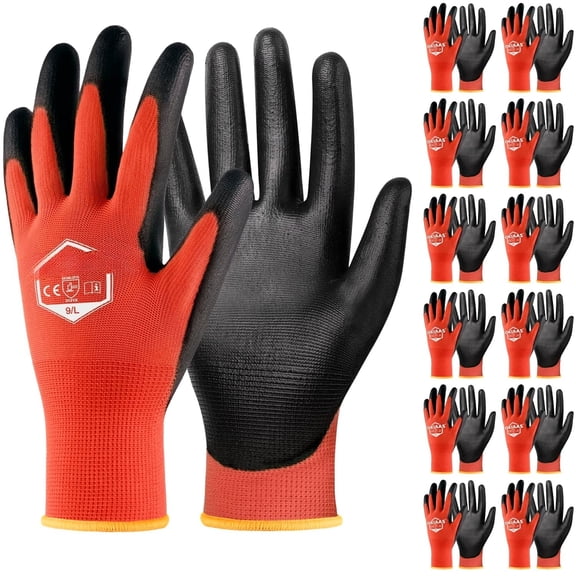 Work Gloves for Men,Ultra Thin and Lightweight Working Gloves with Grip,3 Pairs Bulk Pack Construction Gloves with Polyurethane Coating,Safety Gloves for Light Duty Work (Black, Large)