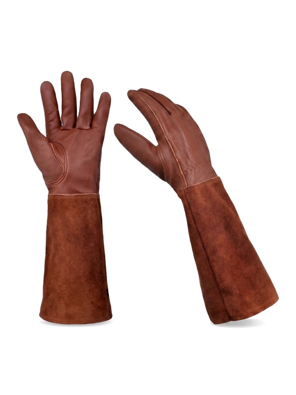 Work Gloves – PU-Coated Leather Palm, Long Cuff (16.1 in), Synthetic Suede, for General Use, Gardening, Light Mechanic Tasks