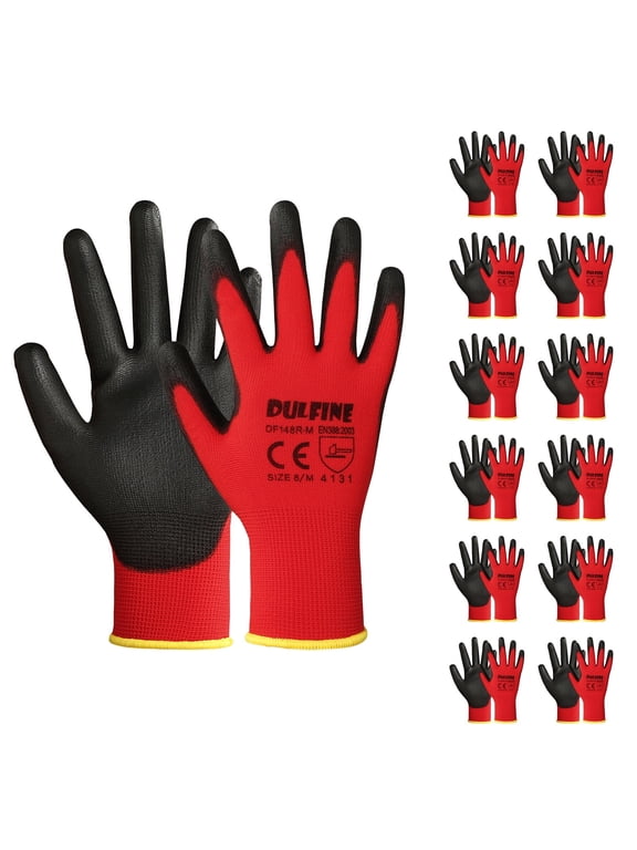 Work Gloves for Men and Women,12 Pairs Pack Red Knit with Polyurethane Coated Smooth Grip on Palm & Fingers, , Ideal for General Duty Work