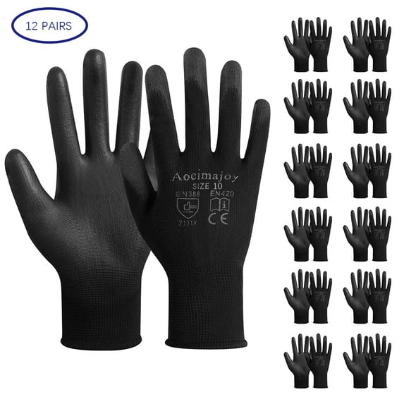 Work Gloves for Men and Women ,Aocimajoy ,PUBN-10,Seamless Knit Glove with Polyurethane Coated for General Purpose,12 Pairs.