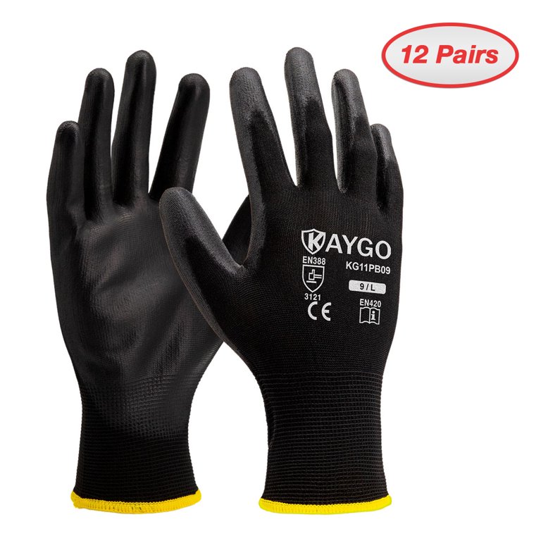 KAYGO Safety Work Gloves PU Coated-12 Pairs, KG11PB, Seamless Knit Glove  with Polyurethane Coated Smooth Grip on Palm & Fingers, for Men and Women