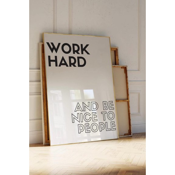 Work Hard Be Nice Print Motivational Typography Art Modern Office Wall Art, Stretched Canvas 8x10in