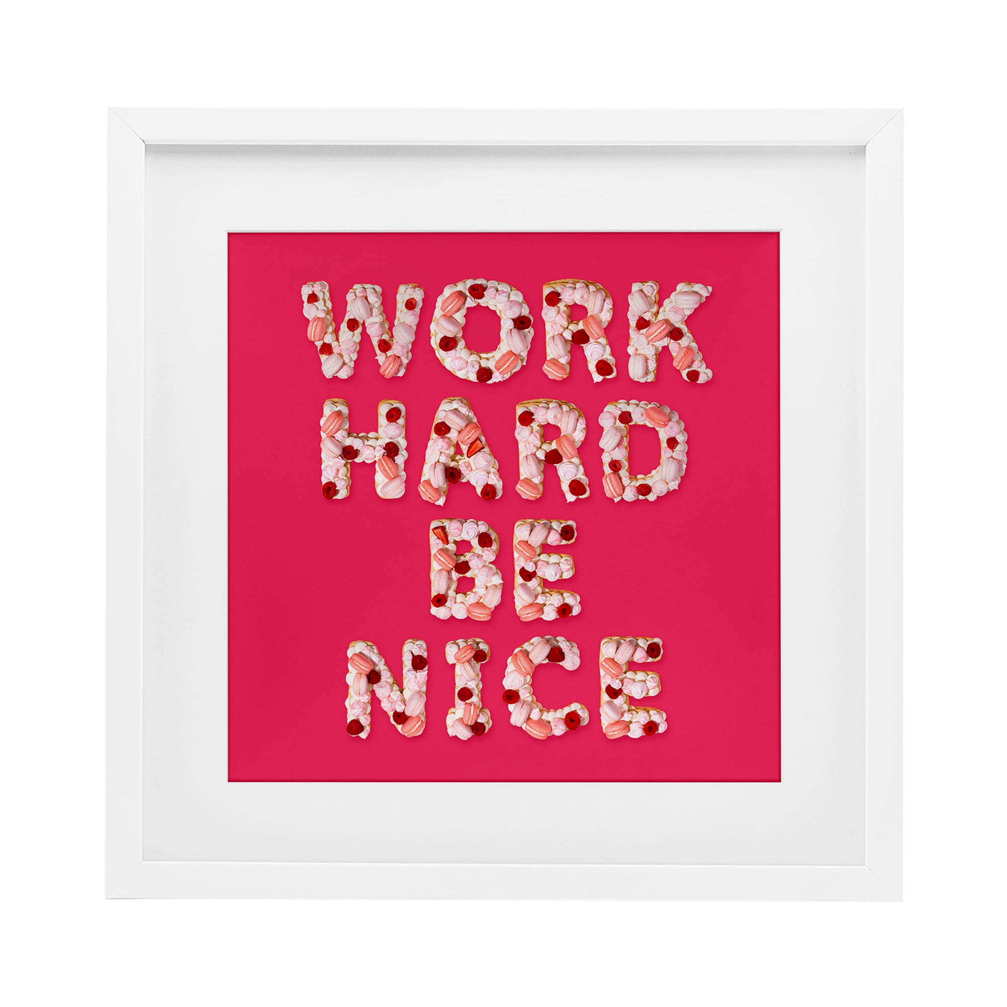 Work Hard Be Nice White Framed Print Under Glass, design by LISH Creative