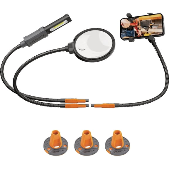 Work IQ Tools IQ Connect Hands-Free Accessory System with 3 Bench Mounts Includes Magnifying Glass, Rechargeable Work Light & Cell Phone Holder Work Bench Accessories Compatible with IQ Vise