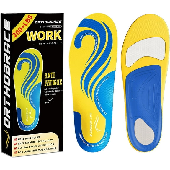 Work Insoles, 200+lbs Heavy Duty Medium and High Arch Support Inserts for Standing All Day, Foot Pain Relief for Plantar Fasciitis, Anti Fatigue,Work Boot Shoe Insoles Men Women-M