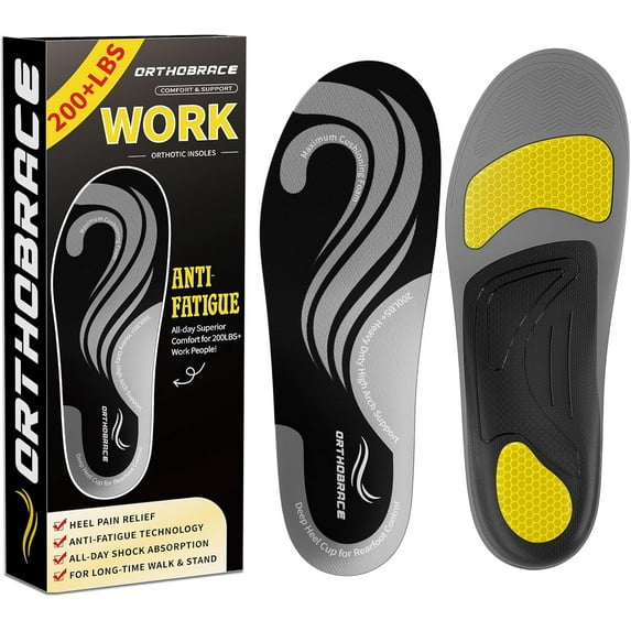 Work Insoles for Standing All Day, 200+lbs Heavy Duty High Arch Support Inserts, Foot Pain Relief for Plantar Fasciitis, Anti Fatigue,Work Boot Shoe Insoles Men Women-M