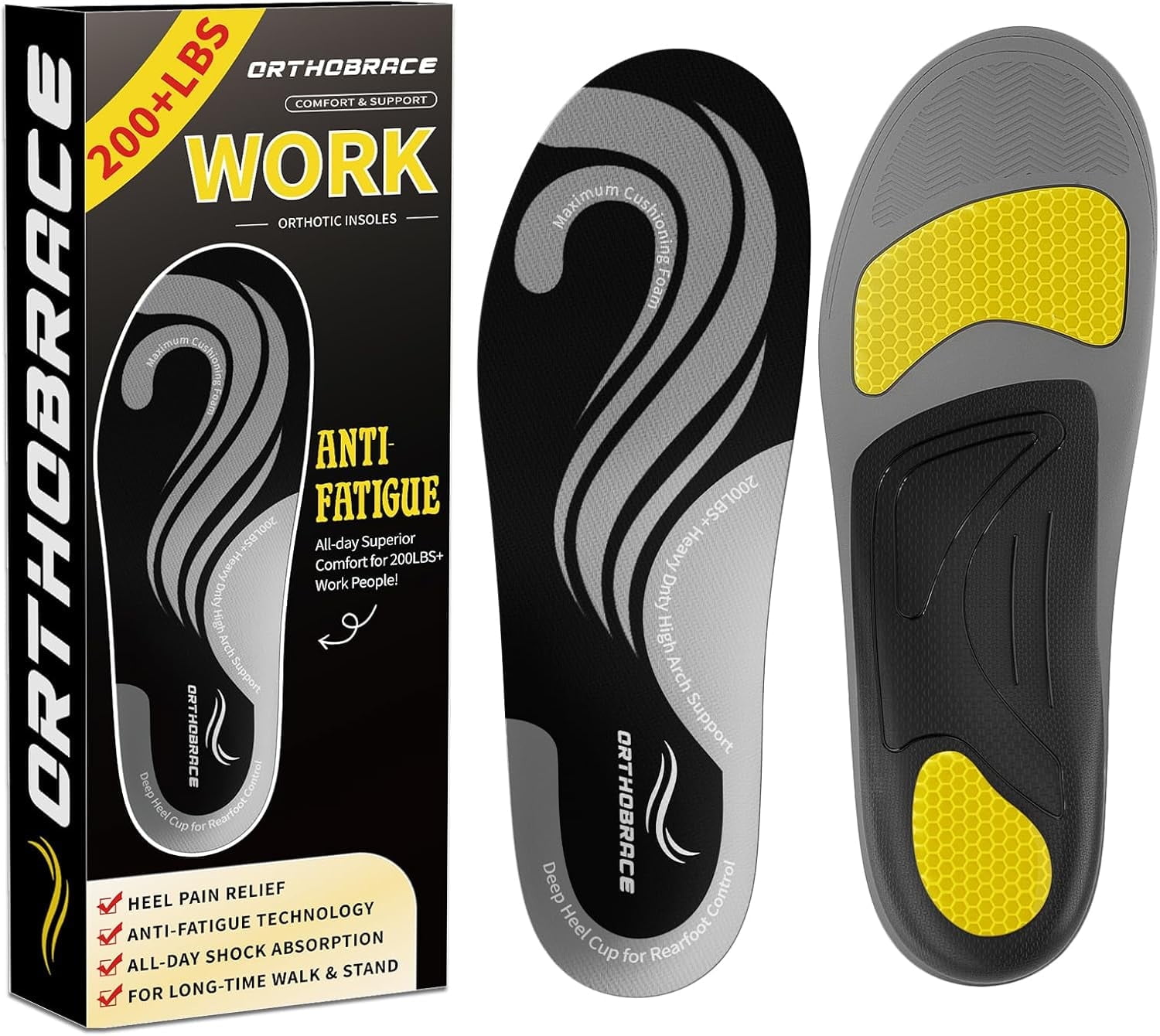 Work Insoles for Standing All Day, 200+lbs Heavy Duty High Arch