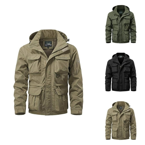 Work Jackets for Men 2025 Fall Winter Outdoor Casual Long Sleeve Loose Zip Up Hooded Jacket with Removable Sleeve