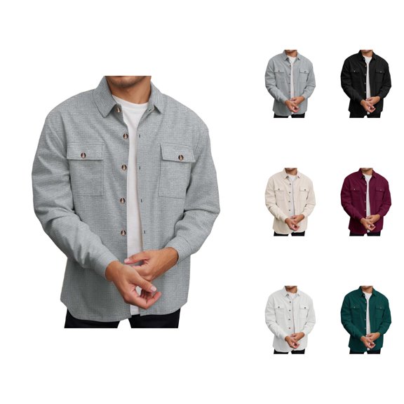 Work Jackets for Men 2025 Long Sleeve Casual Waffle Pockets Button Down Collared Jacket Outerwear Coat