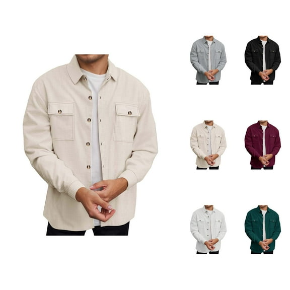 Work Jackets for Men 2025 Long Sleeve Casual Waffle Pockets Button Down Collared Jacket Outerwear Coat