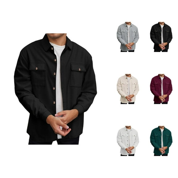 Work Jackets for Men 2025 Long Sleeve Casual Waffle Pockets Button Down Collared Jacket Outerwear Coat