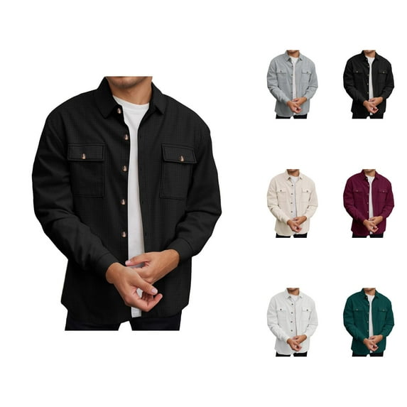 Work Jackets for Men 2025 Long Sleeve Casual Waffle Pockets Button Down Collared Jacket Outerwear Coat