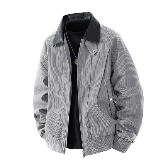 Work Jackets for Men Big & Tall M-4X Plus Size Long Sleeve Zip Up Coats with Pockets and Leather Collared Solid Color Vintage Streetwear Jacket