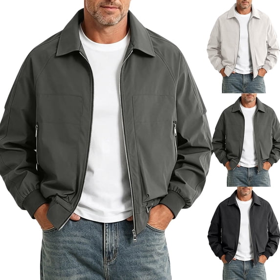 Work Jackets for Men Zip Up Jacket Casual Lapel Bomber Jacket Spring Fall Coat Outerwear with Zipper Pockets Size M-5XL Dark Gray-D