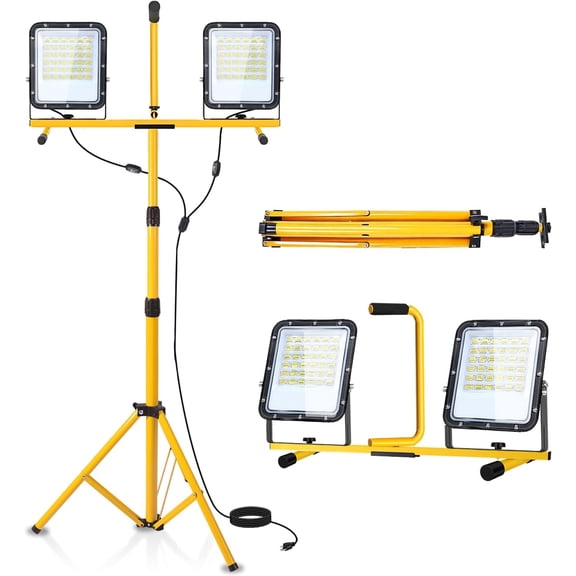 Work Lights with Stand, 35000 Lumen, 2 Adjustable Heads LED Work Lights, with Adjustable and Foldable Tripod Stand, Waterproof Lamp with Individual Switch with 5000 Kelvin Color Temperature (2-Heads)