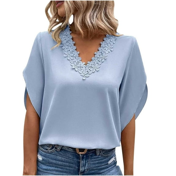 Work Office Blouses for Women Lace Crochet V Neck Elegant Tshirts Solid Bell Sleeve Basic Tops Casual Summer Tunics