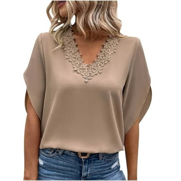 Work Office Blouses for Women Lace Crochet V Neck Elegant Tshirts Solid Bell Sleeve Basic Tops Casual Summer Tunics