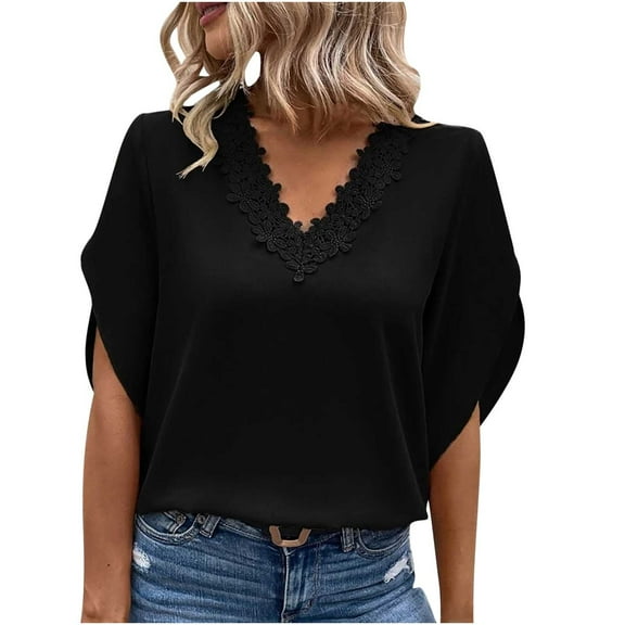 Work Office Blouses for Women Lace Crochet V Neck Elegant Tshirts Solid Bell Sleeve Basic Tops Casual Summer Tunics