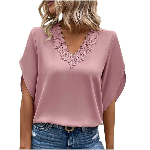 Work Office Blouses for Women Lace Crochet V Neck Elegant Tshirts Solid Bell Sleeve Basic Tops Casual Summer Tunics