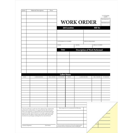 Work Order Form - 2 Part Carbonless Form (250 Pack)