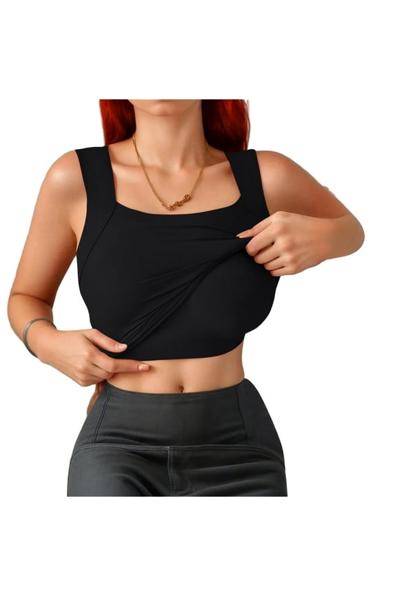 Work Out Tank Tops for Women Built In Bra Scoop Neck High-Support Camisole Soft Thermal Shapewear Ribbed Racerback Body Shaper Black L
