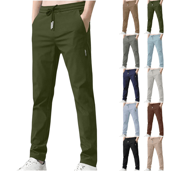 Work Pants for Men Fashion Solid Color Pocket Stretch Men's Elastic Waist Drawstring Casual Trousers Casual Trousers Long Lightweight Straight-Legs Pants