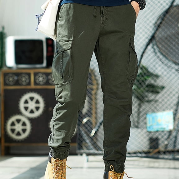Work Pants for Men Men Solid Fashion Casual Multiple Pockets Button Zipper Elastic Waist Long Pants Trousers Work Pants for Men Construction Army Green M
