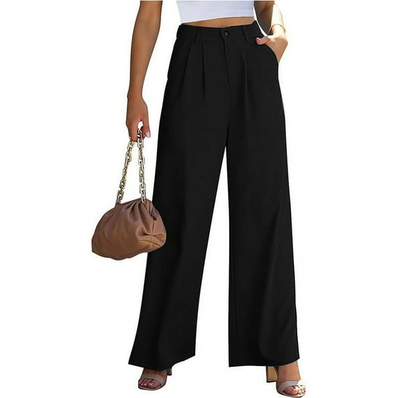uublik Work Pants Women Black Business Casual Palazzo Pants High Waisted Flowy Dressy Trousers with Pockets