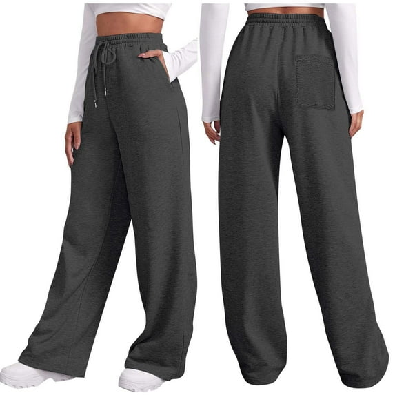 Work Pants Women Elastic Waist Fall Winter Solid Color Sports Pocket Lace Up Wide Leg Straight Leg Sweatpants Casual Trousers Trendy Dressy Dark Gray S