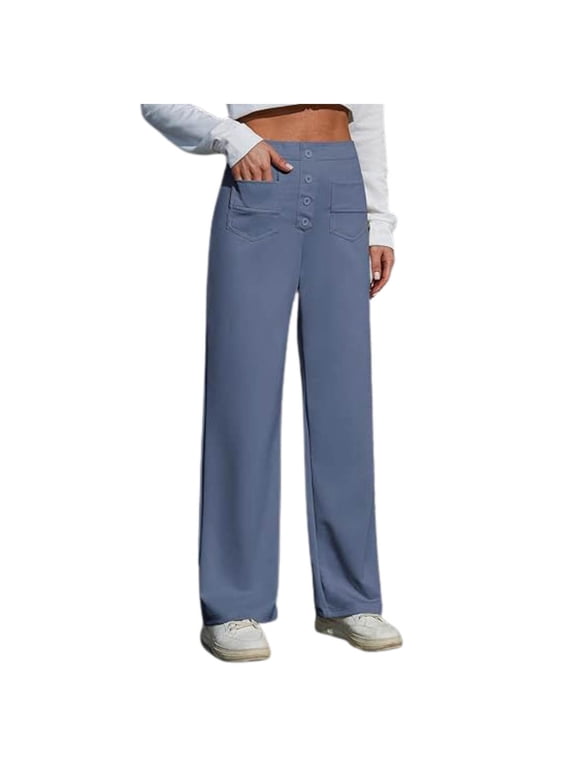 Work Pants Women Elastic Waist High Waisted Straight Wide Leg Button Down With Pockets Trousers Dressy Casual Blue 2XL