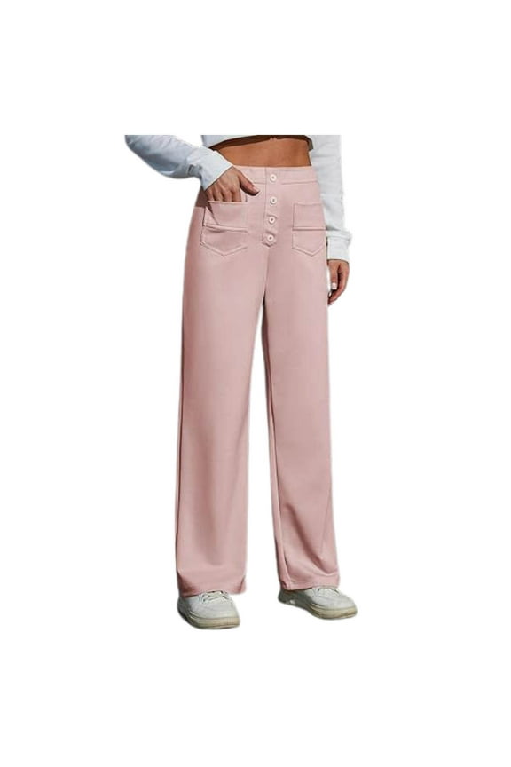 Work Pants Women Elastic Waist High Waisted Straight Wide Leg Button Down With Pockets Trousers Dressy Casual Red M