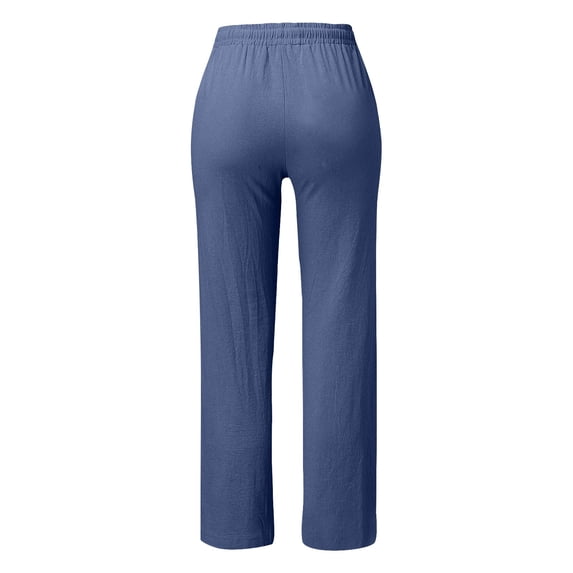 Work Pants Women Elastic Waist High Waisted Wide Leg Solid Color Drawstring Straight Leg Long With Pockets Trousers Dressy Casual Blue M