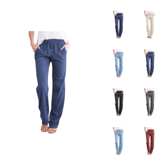 Work Pants Women Lightweight Elastic High Waist Straight Leg Relaxed Fit Slacks with Pockets Lounge Trousers