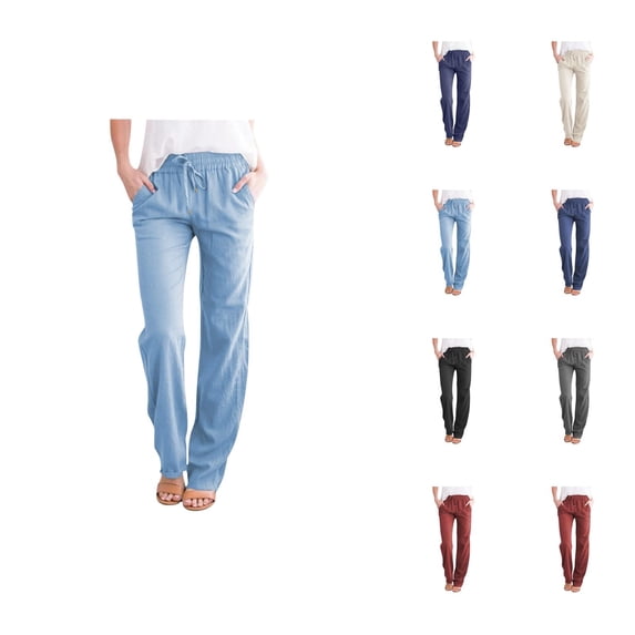 Work Pants Women Lightweight Elastic High Waist Straight Leg Relaxed Fit Slacks with Pockets Lounge Trousers