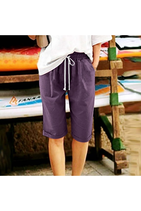 Work Pants Women Modest Loose Elastic-Waisted Bermuda Drawstring Casual Shorts Womens Knee Length Capri Pants