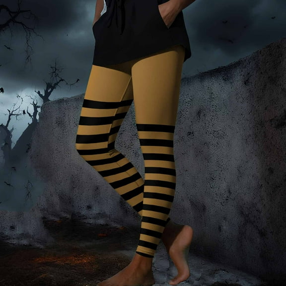 Work Pants Women New Women's Funny Striped Halloween Tights Ankle Length Leggings High Waisted Stretchy Cute Graphic Yoga Pants Yellow XXL