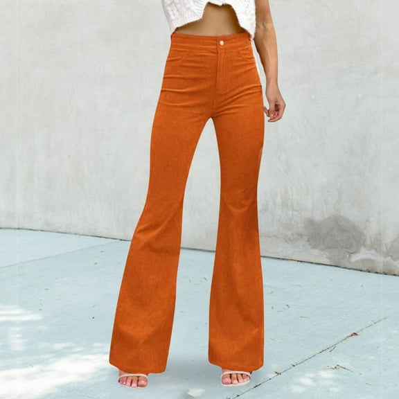 Work Pants for Women Office Solid Color High Waisted Corduroy Flare Pants Elastic Waist Bottom Lightweigh Long Pants Trousers 2025 Fall Slacks with Pockets