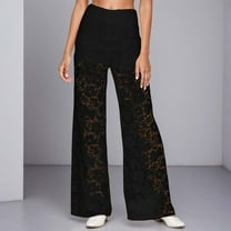 Work Pants for Women Office Solid Color High Waisted Lace Holout Pants for Party Nightclub Stretchy Elastic Waistband Loose Fit Long Pants Trousers 2025 Fall Slacks with Pockets