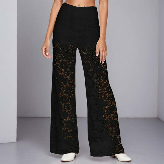 Work Pants for Women Office Solid Color High Waisted Lace Holout Pants for Party Nightclub Stretchy Elastic Waistband Loose Fit Long Pants Trousers 2025 Fall Slacks with Pockets