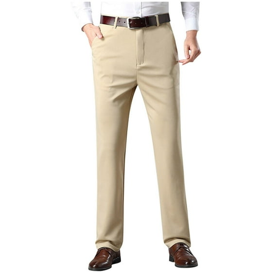 Work Pants for Men Business Casual Straight Leg Classic Fit Suit Pants Solid Color Elastic Waist Trousers with Pockets, Brown, 2XL