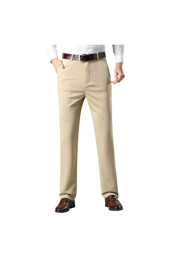Work Pants for Men Business Casual Straight Leg Classic Fit Suit Pants Solid Color Elastic Waist Trousers with Pockets, Brown, 2XL
