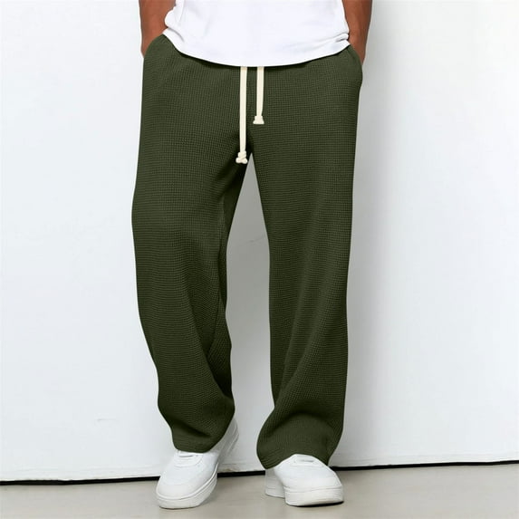 Work Pants for Men Casual Waffle Knit Pants Elastic Waist Straight Leg Pull-On Trouser with Pockets